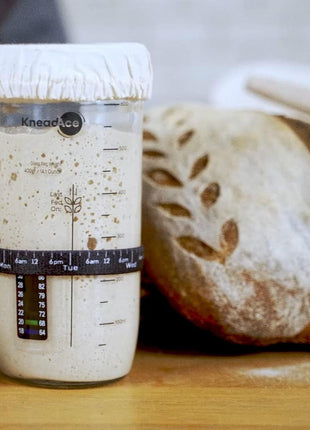 KneadAce Sourdough Starter Jar With Date Marked Feeding Band, Thermometer, Sourdough Jar Scraper, Sourdough Container Sewn Cloth Cover & Metal Lid, Sourdough Starter Kit