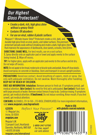 Meguiar's G220216 Ultimate Insane Shine Protectant, Car Cleaning Spray That Creates a Lasting and Glossy Shine, Auto Care Product Safe for Exterior and Interior Surfaces, 16 Oz