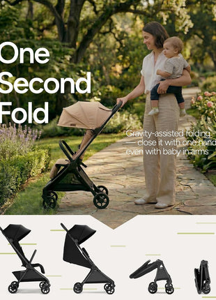 Mompush Nexis Carbon Fiber Lightweight Travel Stroller, Carry-On, Khaki | Lightweight travel stroller for airplane, compact auto-fold, one-hand recline, XL basket, cup holder, rain cover included