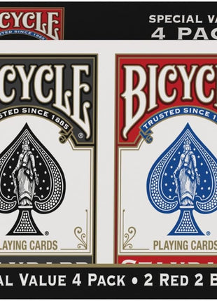 Bicycle Playing Cards 4 Pack Standard Index Poker Size Red and Black | Air Cushion Finish, Made in USA, 2 red and 2 black decks, 52 cards plus 2 Jokers per deck, For all card games