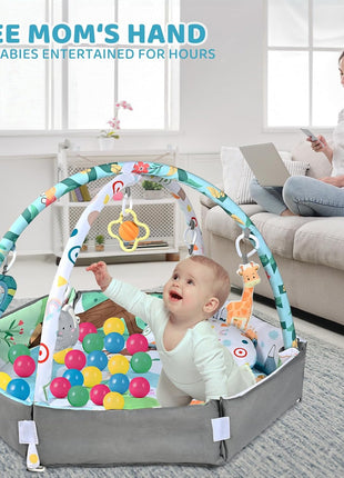 Baby Gym Play Mat, 8-in-1 Tummy Time Mat & Ball Pit with 6 Toys, Washable Baby Activity Play Mat for Visual, Hearing, Sensory, Motor Development, Baby Toys Gift for Toddler Infant 0-3-6-9-12 Months