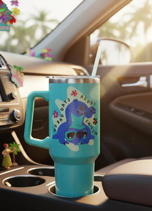 Silver Buffalo Disney Lilo and Stitch Aloha, Stainless Steel Tumbler, 40oz | Double Walled, Handle and Straw, Fits in Standard Cup Holder, Drinkware, Water Bottle, No Bad Days Chillin, Blue, 1.18 Liters