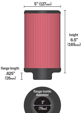 K&N High-Flow Original Lifetime Universal Clamp-On Air Filter: High Performance, Premium, Washable: Flange Diameter: 3 In, Filter Height: 6.5 In, Flange Length: 0.625 In, Shape: Round, RU-2820