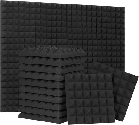 24 Pack Black 12 x 12 x 2 Inches Pyramid Designed Acoustic Foam Panels, Sound Proof Foam Panels for Walls, High Density and Flame-Retardant Acoustic Panels, Sound Panels for Recording and Home Studio