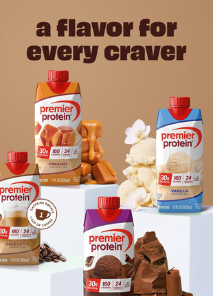 Premier Protein +Energy 30g High Protein Shake , Café Latte, 12 Pack | Caffeinated, 160 Calories, 24 Vitamins & Minerals, No Added Sugar, Supports Muscle Health, Gluten-Free, 11 oz