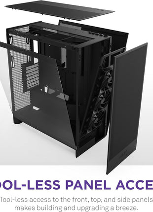 NZXT H7 Flow - Mid-Tower ATX Airflow PC Case - Black | Airflow-first ATX mid-tower. Bottom-mount fans for direct GPU cooling, 420mm front radiator support, clean cable routing.