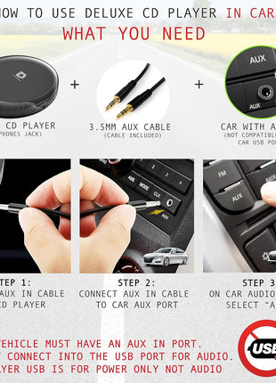 Deluxe Products CD Player Portable with 60 Second Anti Skip, Stereo Earbuds, Includes Aux in Cable and AC USB Power Cable for use at Home or in Car