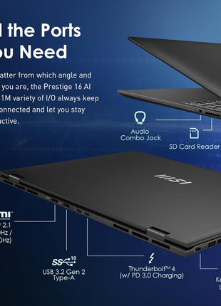 msi Prestige 16 AI Evo Laptop: Intel Ultra 7-155H, 16 inch UHD+ OLED Display, 32GB DDR5, 2TB NVMe SSD, HDMI, SD Card Reader, Win 11 Pro: Stellar Gray B1MG-020US