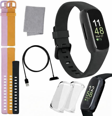 Fitbit Inspire 3 Health & Fitness Tracker Bundle - with Stress Management, Workout Intensity, Sleep Tracking, 24/7 Heart + 2 Silicone Bands, 2 Screen Protectors, Cleaning Cloth & Fast Charger