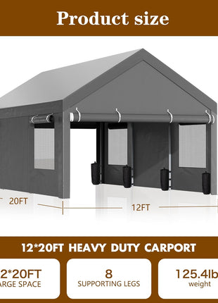 Walsunny Carport, 12x20 ft Heavy Duty Carport Canopy with Roll-up Windows, Portable Garage with Removable Sidewalls & Doors, Car Canopy with All-Season Tarp for Car, Truck, Boat