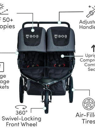 BOB Gear Revolution Flex 3.0 Duallie Jogging Stroller — Graphite Black | Versatile Double Jogger Stroller; All Terrain Stroller With Advanced Suspension & Air-Filled Tires; Car Seat Compatible
