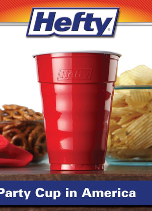 Hefty Party On Red Plastic Cups, Disposable Plastic Party Cups for Easy Cleanup and Large Gatherings, Red Cups for BBQs, Birthdays, Parties, and More, 18 Ounce, 50 Count