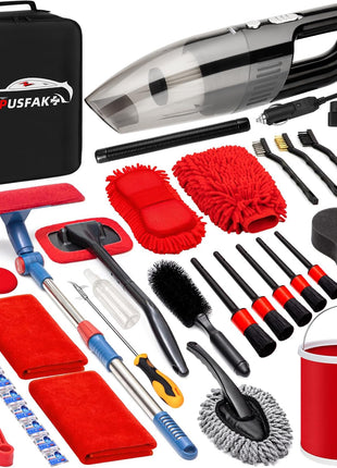 41Pcs Car Wash Cleaning Kit with High Power Handheld Vacuum Windshield Cleaning Tool Collapsible Bucket Detailing Brushes Tire Brush Towels Complete Detailing Set for Car