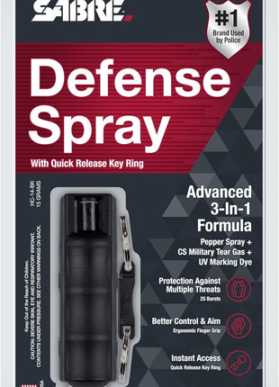 SABRE 3-in-1 Defense Spray – Pepper Spray, Tear Gas & UV Dye, Quick Release Keychain for Easy Carry, Finger Grip for Aim, 3X Longer Spray Time (Up to 10 Seconds), Max Police Strength, 0.54 fl oz