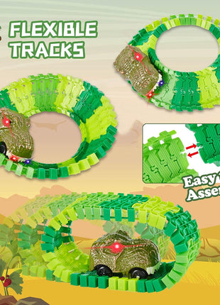 Dinosaur Race Track Toy for Kids Ages 3-6 | Flexible Track Playset with 2 Light-Up Dino Cars, 8 Dinosaur Figures, Tunnel, Bridge & Accessories, Buildable Gift for Boys