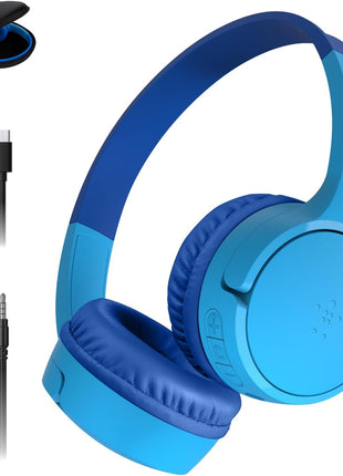 Belkin SoundForm Mini - Wireless Bluetooth Kids Headphones, 30H Battery, 85dB Safe Volume Limit, Built-in Microphone - Toddler On-Ear Earphones for iPhone, iPad - Ideal for School - Blue w/Case