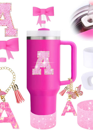 6PCS Pink Stanley Cup Accessories Set, Initials Decorations for Stanley Cup 30oz 40oz, Includes Bow Straw Topper, Handle Charm, Letter Sticker, Silicone Boot, Spill Proof Stopper (Letter A)