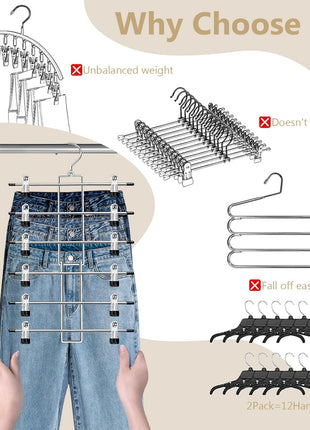 Pants Hangers with Clips,Space Saving Hanging Closet Organizer-6 Tiers Skirt Hangers with 360° Swivel Hook,Closet Organizer-Clothes Hangers- College Dorm Essentials Apartment Essentials-2 Pack