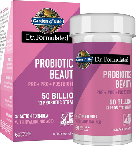Garden of Life Dr. Formulated Beauty Probiotics with Biotin, 50B CFU, 60ct | Hyaluronic Acid and Pre, Pro & Postbiotics - Skin Health, Hair & Nails, Non-GMO, Gluten-Free, Vegetarian
