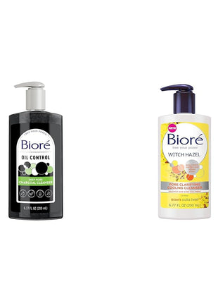 Bioré Deep Pore Charcoal Face Wash, Facial Cleanser for Dirt and Makeup Removal From Oily Skin, 6.77 Ounce & Witch Hazel Pore Clarifying Acne Face Wash, Exfoliating Facial Cleanser
