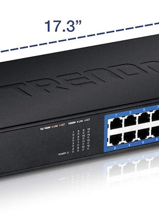TRENDnet 16-Port Unmanaged Gigabit GREENnet Switch, 16 x RJ-45 Ports, 32Gbps Switching Capacity, Fanless, Rack Mountable, Network Ethernet Switch, Lifetime Protection, Black, TEG-S16G