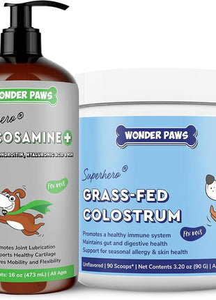 Liquid Glucosamine Superhero Drops Plus Grass-Fed Colostrum Powder - for Dog's Mobility, Joint Care, Skin Health & Immune Support – Liquid Glucosamine 16 Ounces – Colostrum 3.20 Ounces