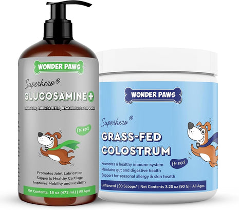 Liquid Glucosamine Superhero Drops Plus Grass-Fed Colostrum Powder - for Dog's Mobility, Joint Care, Skin Health & Immune Support – Liquid Glucosamine 16 Ounces – Colostrum 3.20 Ounces