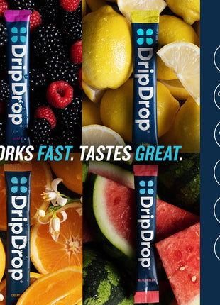DripDrop Hydration Packets   Bold Variety Pack   Single Serve Electrolytes Powder Drink Mix   Watermelon, Berry, Lemon, Orange   Non GMO, Gluten Free, Vegan   32 Sticks