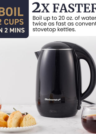 Elite Gourmet EKT1821 1.8L Cool-Touch Kettle, 1500W Stainless Steel, Black | Double Wall Insulated, Stainless Steel Interior & Lid, 360° Swivel Base, Power-On Lever, Auto Shut-Off & Boil-Dry Protection