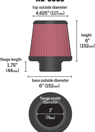 K&N High-Flow Original Lifetime Universal Clamp-On Air Filter: High Performance, Premium, Washable: Flange Diameter: 3 In, Filter Height: 6 In, Flange Length: 1.75 In, Shape: Round Tapered, RE-0930