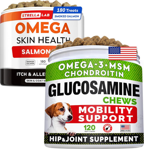 Omega 3 + Glucosamine Dogs Bundle - Allergy & Itch Relief Skin&Coat Supplement - Omega 3 & Pumpkin + Chondroitin, MSM - Dry Itchy Skin, Hot Spots Treatment + Hip & Joint Care - 300 Chews - Made in USA