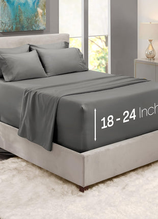 Hearth & Harbor Extra Deep Pocket King Size Sets - Fits Mattress 18-24 Inches Deep - Extra Deep Pocket Sheets - 6 Piece King Size - Grey