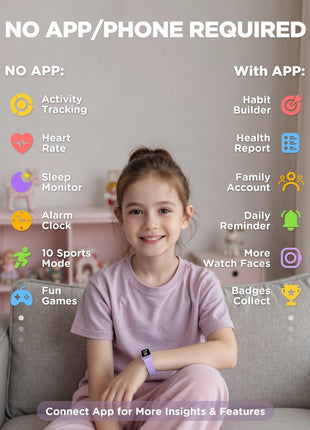 BIGGERFIVE Vigor 3 Kids Fitness Tracker Watch, AMOLED Screen, No App No Phone Needed, 3ATM Waterproof, Heart Rate and Sleep Monitor, Pedometer Watch, Sports Step Counter for Girls Ages 5-15, Lilac