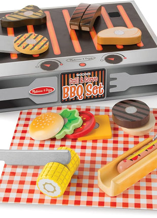 Melissa & Doug 9280 Grill and Serve BBQ Set (20 pcs) - Wooden Play Food and Accessories
