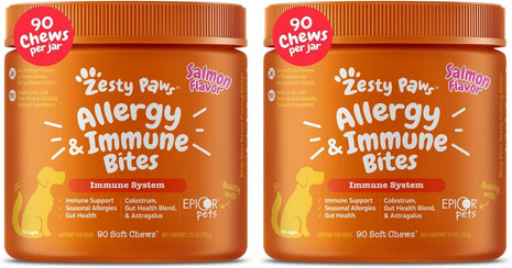 Zesty Paws Dog Allergy Relief Chews, Dog Probiotics for Itchy Skin and Ears, Salmon, 90ct (Pack of 2)