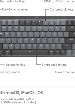 Logitech MX Mechanical Mini for Mac Wireless Illuminated Keyboard, Low-Profile Performance Switches, Tactile Quiet Keys, Backlit, Bluetooth, USB-C, Apple, iPad - Space Grey