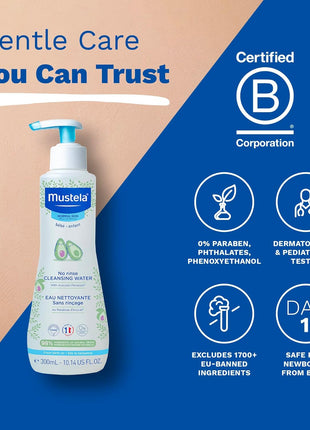 Mustela No-Rinse Micellar Cleansing Water for Babies - Made with Natural Avocado Perseose & Aloe Vera - Safely Cleans Baby's Face, Hands & Diaper Area - 1 or 2-Pack - Various Sizes