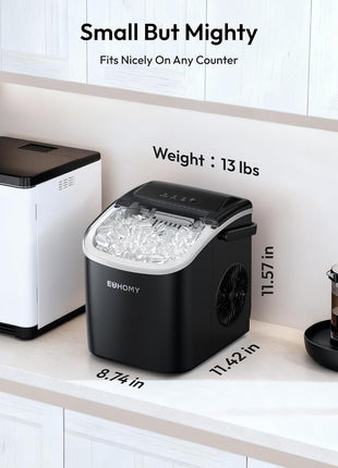 EUHOMY Countertop Ice Maker Machine with Handle, 26lbs in 24Hrs, 9 Ice Cubes Ready in 6 Mins, Auto-Cleaning Portable Ice Maker with Basket and Scoop, for Home/Kitchen/Camping/RV. (Black)