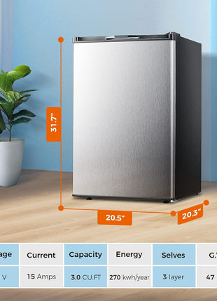 Kismile Small Freezer Upright, 3.0 Cu.ft Mini Freezer, Stainless Steel | Adjustable Thermostat, Removable Shelves, Reversible Single Door, for Bedroom/Home/Dorms/Apartment
