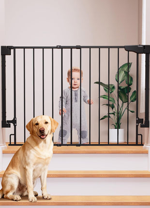 Cumbor 29.2–43" Baby Gate for Stairs, Hardware Mounted (Drill Required), Expandable No Bottom Bar Dog Gate, Auto Close Extra Wide Walk Thru, Pet & Toddler Proof Gate, Top & Bottom of Stairways(Black)