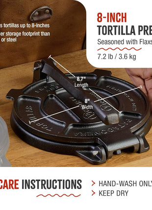 Victoria 8 Inches Cast Iron Tortilla Press, Roti Maker and Tortilladora, Pataconera Seasoned with Flaxseed Oil, Made in Colombia