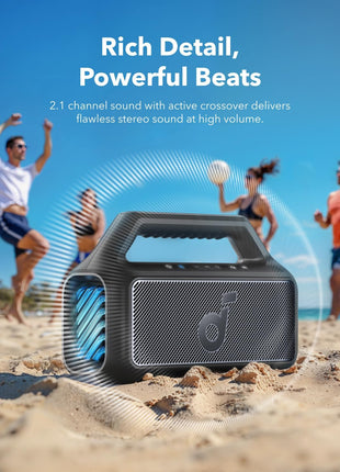 Soundcore Boom 2 By Anker, Outdoor Speaker, 80W, Subwoofer, BassUp 2.0, 24H Playtime, IPX7 Waterproof, Floatable, RGB Lights, USB-C, Custom EQ, Bluetooth 5.3, Portable for Camping and Beach - Black
