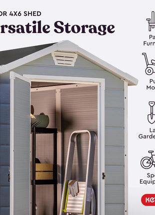 Keter Manor 4x6 Resin Outdoor Storage Shed Kit-Perfect to Store Patio Furniture, Garden Tools Bike Accessories, Beach Chairs and Lawn Mower, Grey & White