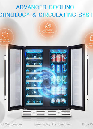24 Inch Wine and Beverage Fridge, Wine Refrigerator Dual Zone Hold 20 Bottles and 78 Cans,Built-In or Freestanding Digital Touch Control | Under Counter or Freestanding Wine Fridge Hold 20 Bottles and 78 Cans, Digital Touch Control