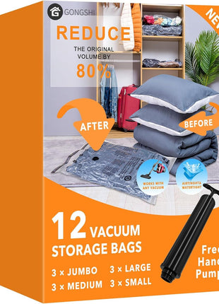 12 Pack Vacuum Storage Bags (3 Jumbo, 3 Large, 3 Medium, 3 Small),Plastic Packaging Bags,Space Saver Sealer Compression Bags with Travel Hand Pump for Blankets, Comforters, Pillows, Clothes Storage