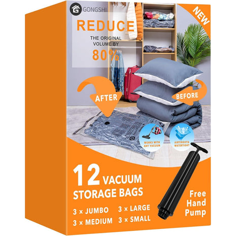 12 Pack Vacuum Storage Bags (3 Jumbo, 3 Large, 3 Medium, 3 Small),Plastic Packaging Bags,Space Saver Sealer Compression Bags with Travel Hand Pump for Blankets, Comforters, Pillows, Clothes Storage