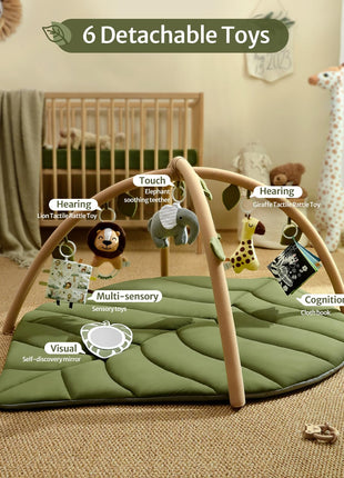 Blissful Diary Baby Play Gym & Activity Mat, Oversize Leaf Shaped Baby Play Mat w 6 Detachable Toys, Tummy Time Mat Promote Motor Skills & Sensory Development Mat, Newborn Infant Baby Essentials Gift