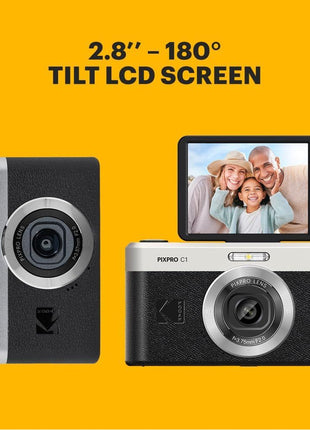 KODAK PIXPRO C1 Friendly Zoom Digital Camera - 13MP Compact Point and Shoot with 2.8??180? Tilt LCD Flip Screen, Retro Vintage Design with 4X Zoom and 1080P Full HD Video for Travel, Vlogging, Black