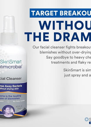 SkinSmart Facial Cleanser for Acne, Targets Bacteria for Active Teenage Athletes Post Workout and Adult Acne, 8 oz Spray Bottle, Safe for Multiple Daily Uses