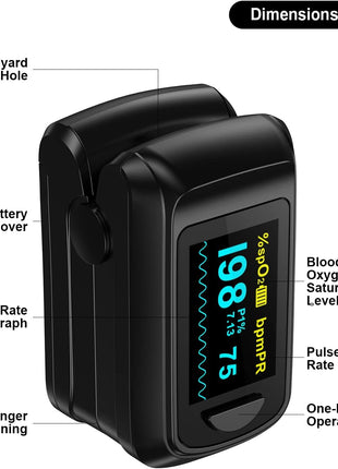 Fingertip Pulse Oximeter Blood Oxygen Monitor Pulse Ox, Heart Rate and Fast Spo2 Reading Oxygen Meter with OLED Screen Included Batteries and Lanyard
